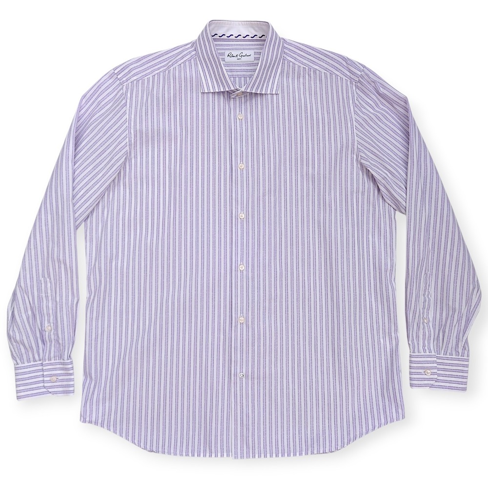 Robert Graham Button Up Shirt Men 17 /43 White W/ Purple Stripe Cotton Flip Cuff